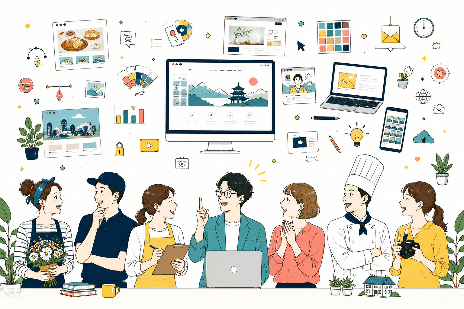 ホームページ制作を相談するさまざまな業種の人たちのイラスト