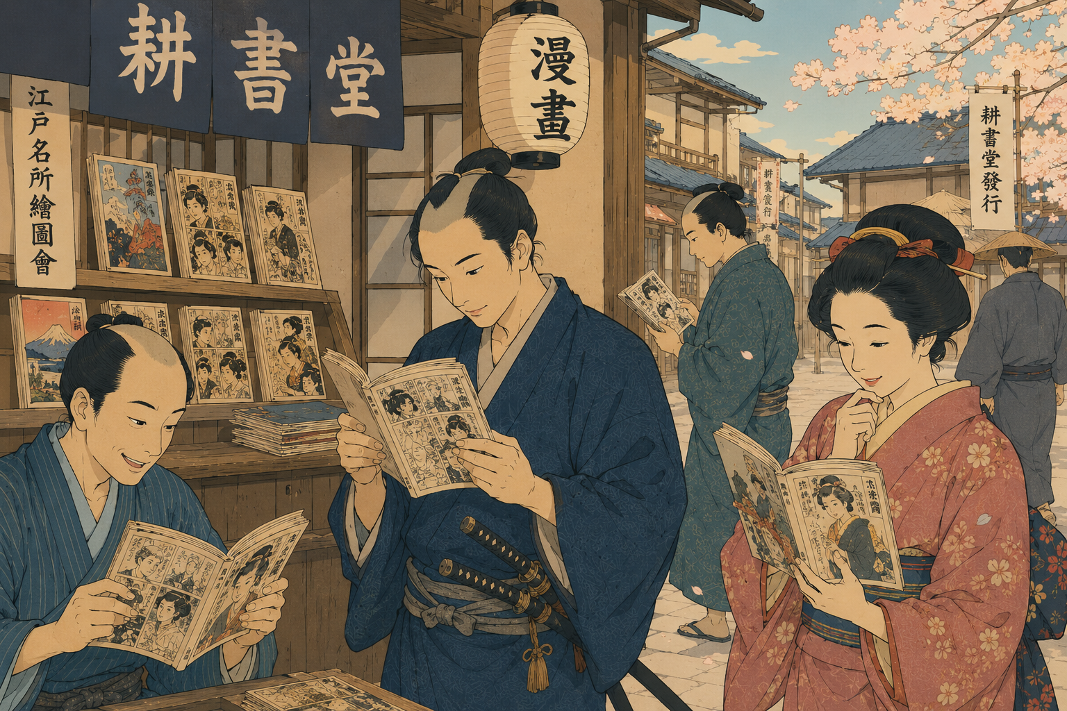 完成した漫画を楽しむ町の人々