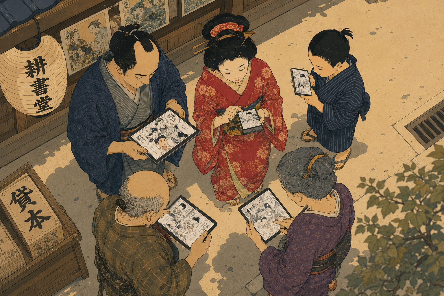 さまざまな端末で漫画を楽しむ人々